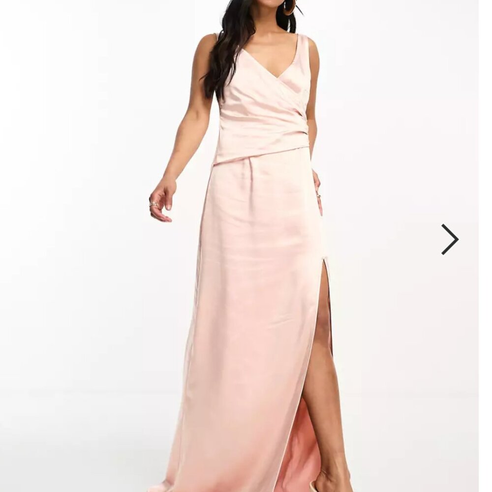 Pretty Lavish Bridesmaid Esmee wrap satin maxi dress in blush